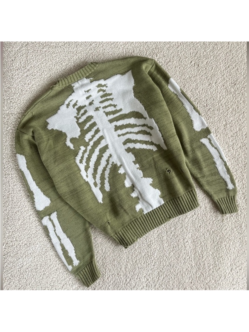 Olive Green Skeleton Graphic Distressed Knit Sweater Womens Small Streetwear